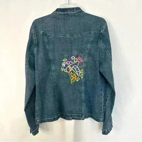 Christopher & Banks Denim Jacket Embroidered Stretch Womens Sz Large Snap Button - Picture 3 of 16